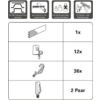 Vier quadratische Symbole mit Durchgestrichen: Telefon, Karte, Kamera und Videoaufnahme. Darunter Anleitungen mit Abbildungen für Montage einer Halterung: ein Teil, zwölf Schrauben, sechsunddreißig Dübel, zwei Paar Haken
