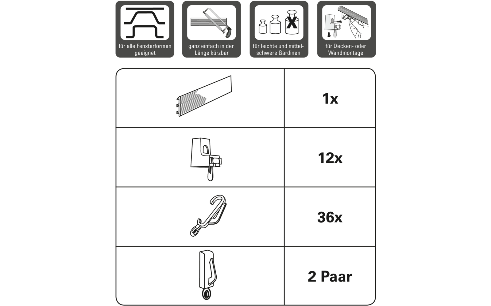 Vier quadratische Symbole mit Durchgestrichen: Telefon, Karte, Kamera und Videoaufnahme. Darunter Anleitungen mit Abbildungen für Montage einer Halterung: ein Teil, zwölf Schrauben, sechsunddreißig Dübel, zwei Paar Haken