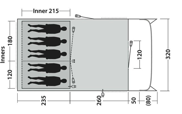 Schwarz-weißer Grundriss mit Maßen in Zentimetern; links schattierter Bereich mit fünf schwarzen Personensilhouetten übereinander; gestrichelte Linien, Pfeile und Zahlenangaben; abgerundeter Bereich rechts