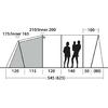 Schematische Seitenansicht eines mehrteiligen Zeltes mit Maßangaben; schattierter Schlafbereich links; drei Personen-Silhouetten (eine trägt ein Kind) rechts