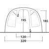 Schematische Vorderansicht eines Zeltes mit zwei Fensteröffnungen, geschwungenem Reißverschluss mit Zippern, Bodenlinie und Maßen 195, 185, 120 und 320 cm