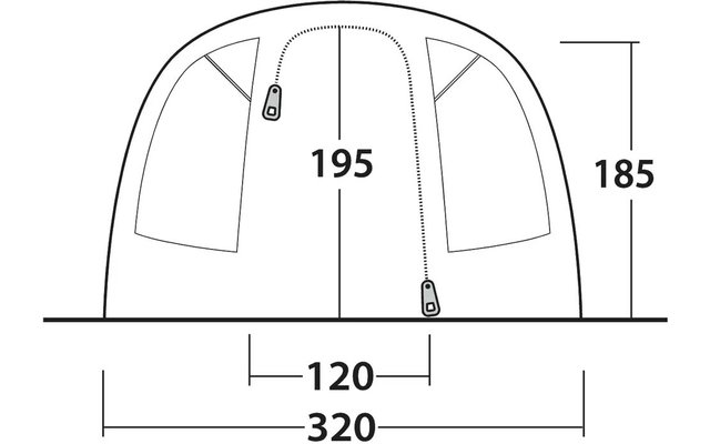 Schematische Vorderansicht eines Zeltes mit zwei Fensteröffnungen, geschwungenem Reißverschluss mit Zippern, Bodenlinie und Maßen 195, 185, 120 und 320 cm