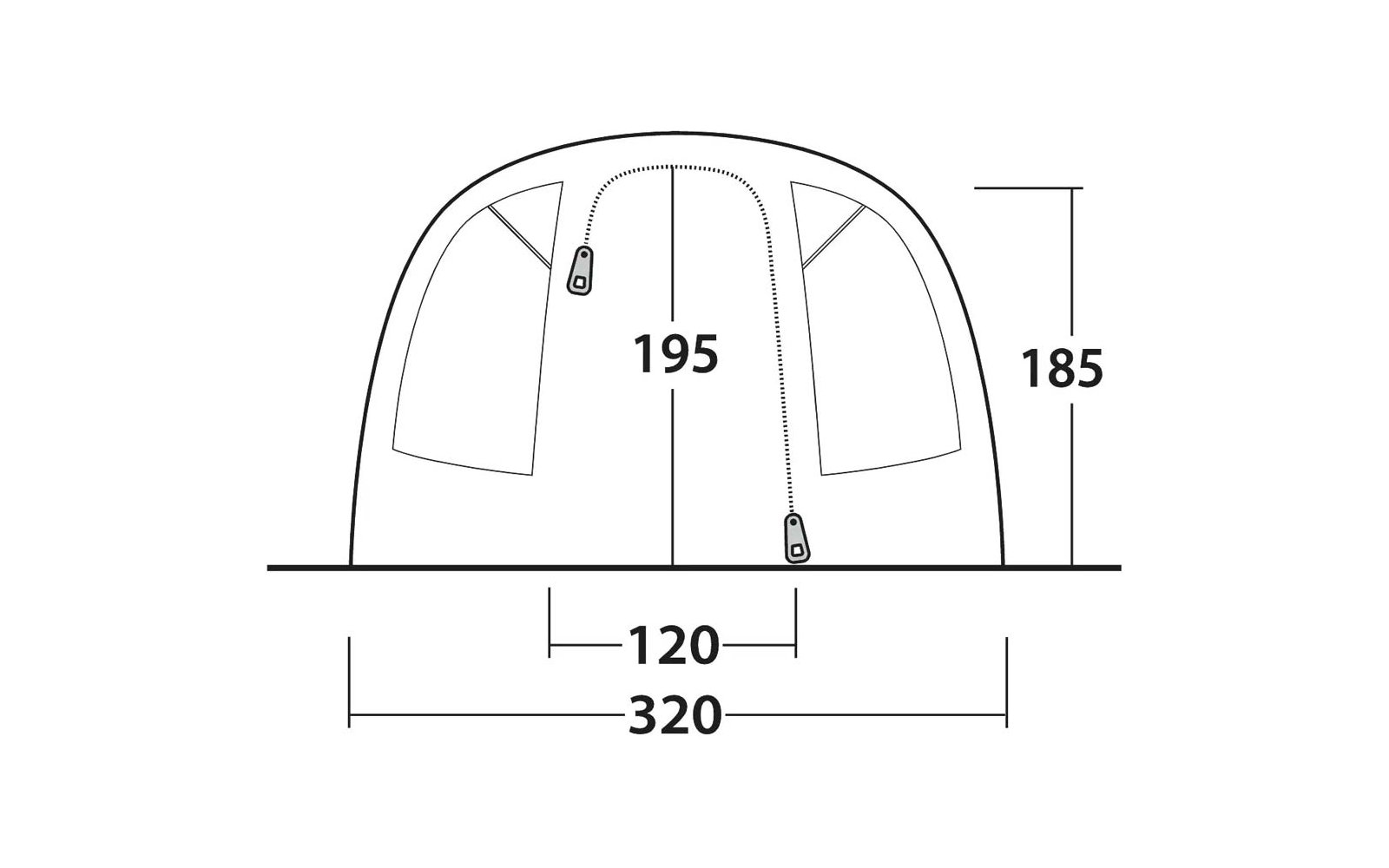 Schematische Vorderansicht eines Zeltes mit zwei Fensteröffnungen, geschwungenem Reißverschluss mit Zippern, Bodenlinie und Maßen 195, 185, 120 und 320 cm