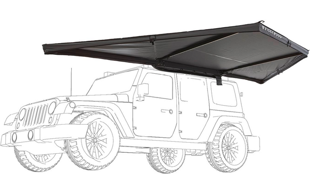 Viertüriger Geländewagen als Linienzeichnung, darüber ausgefahrenes rechteckiges schwarzes Sonnendach aus Stoff mit sichtbarem Metallgestänge