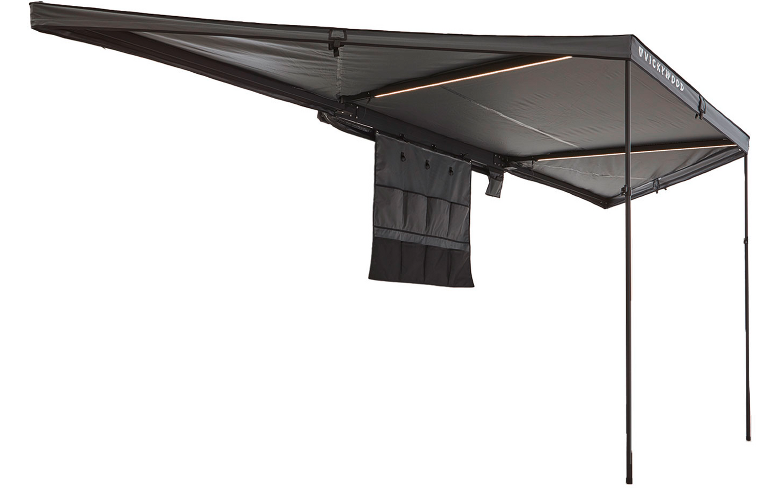 Ausgeklappte schwarze/graue Markise/Baldachin mit zwei Stützstangen rechts, innen sichtbare LED-Leiste und hängende Stofftasche mit mehreren Fächern