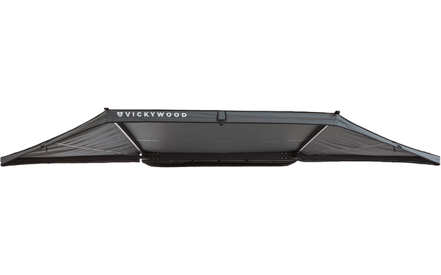 Dunkelgraue, dreiteilige Markise mit Metallrahmen und Schriftzug "VICKYWOOD" oben