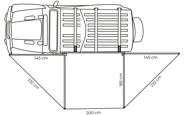 Draufsicht einer Fahrzeug-Strichzeichnung mit einer an das Fahrzeug angrenzenden rechteckigen Fläche und zwei dreieckigen Flächen; beschriftete Maße: Rechteck 200 cm breit, 185 cm tief; obere Kanten der Dreiecke je 145 cm, schräge Außenkanten je 232 