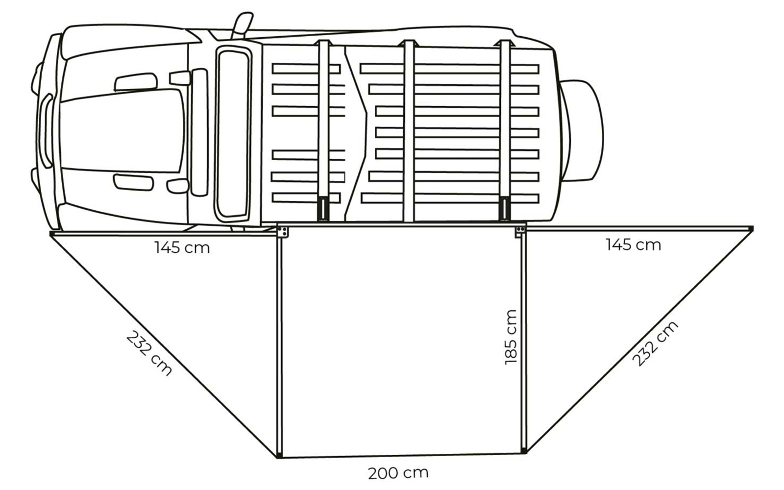 Draufsicht einer Fahrzeug-Strichzeichnung mit einer an das Fahrzeug angrenzenden rechteckigen Fläche und zwei dreieckigen Flächen; beschriftete Maße: Rechteck 200 cm breit, 185 cm tief; obere Kanten der Dreiecke je 145 cm, schräge Außenkanten je 232 