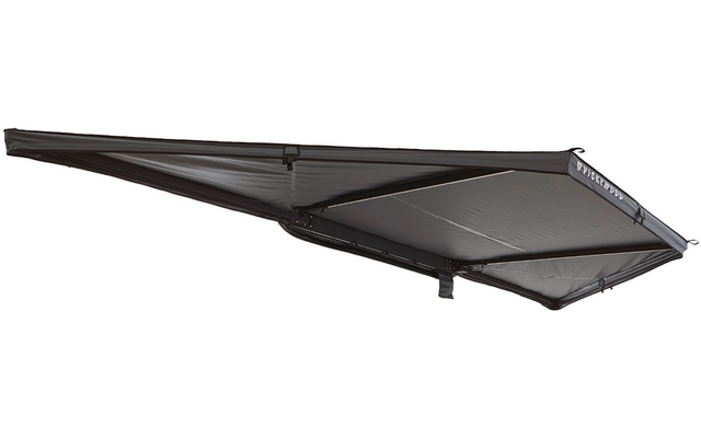 Ausgefahrene dunkelgraue Kassettenmarkise mit zwei ausgeklappten Armen