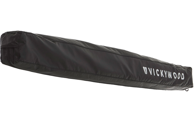Schwarze, längliche, gepolsterte Tasche mit Reißverschluss und weißem Aufdruck 'VICKYWOOD'