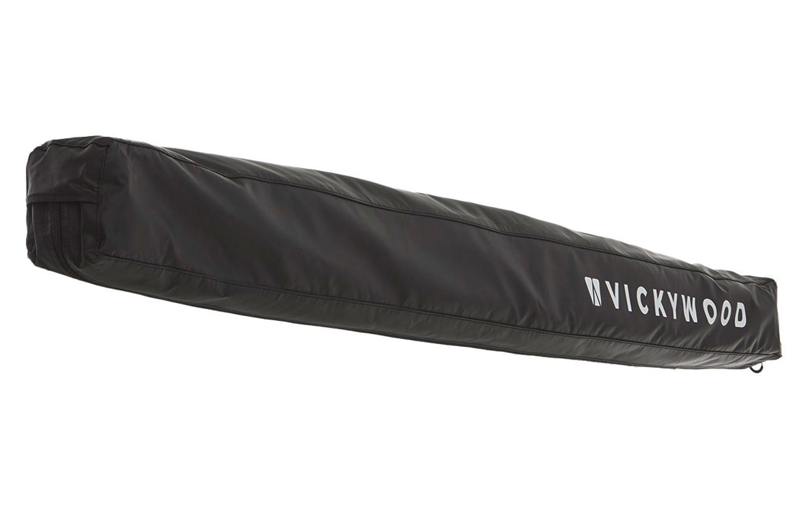 Schwarze, längliche, gepolsterte Tasche mit Reißverschluss und weißem Aufdruck 'VICKYWOOD'