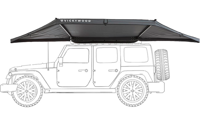 Schwarz-weiße Seitenansicht eines viertürigen Fahrzeugs mit zwei Ersatzreifen an der Heckklappe und einem ausgefahrenen Dach-Awning mit der Aufschrift "VICKYWOOD"