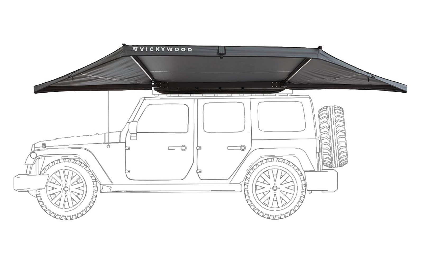 Schwarz-weiße Seitenansicht eines viertürigen Fahrzeugs mit zwei Ersatzreifen an der Heckklappe und einem ausgefahrenen Dach-Awning mit der Aufschrift "VICKYWOOD"