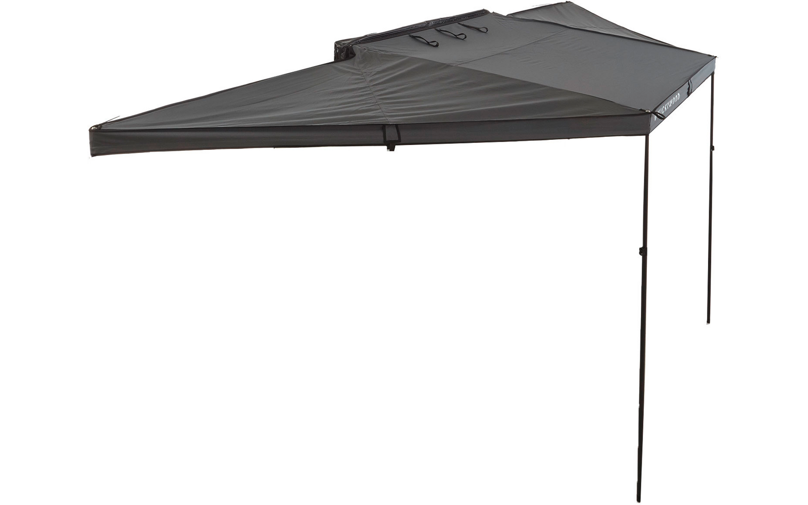 Gespannte graue Plane in Form eines Sonnendachs mit zwei dünnen schwarzen Stützstangen rechts