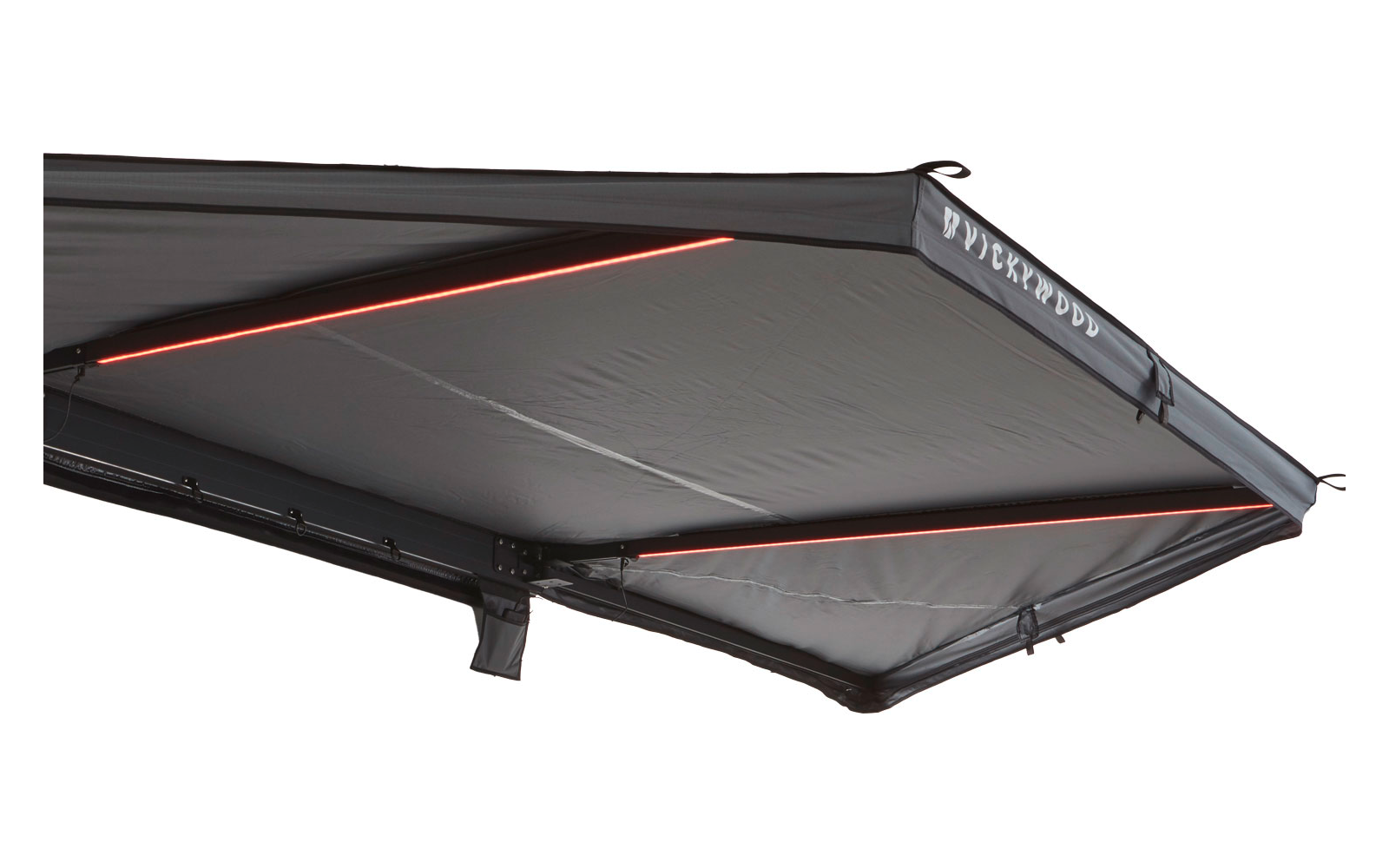 Unterseite einer ausgefahrenen Markise mit grauem Stoff, schwarzem Rahmen, sichtbaren Befestigungsarmen und dünnen roten Leuchtstreifen