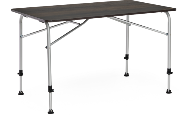 Table rectangulaire avec plateau en bois sombre et pieds métalliques argentés, croisillons et patins en caoutchouc