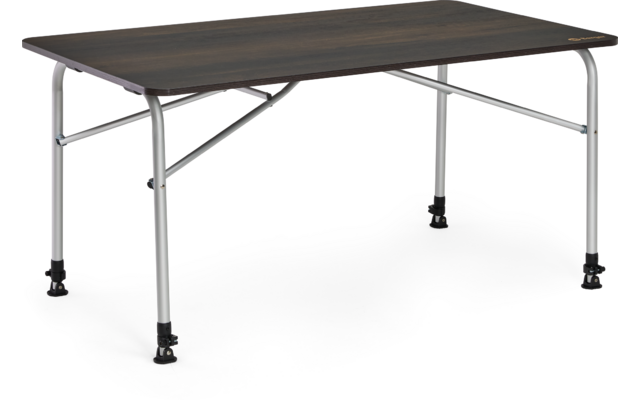 Table pliante rectangulaire avec plateau en bois foncé, pieds métalliques argentés et patins en caoutchouc noirs