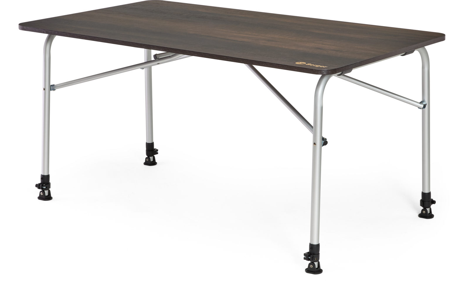 Plateau rectangulaire en bois foncé sur pieds pliants en métal argenté avec barres transversales et embouts de pied noirs réglables