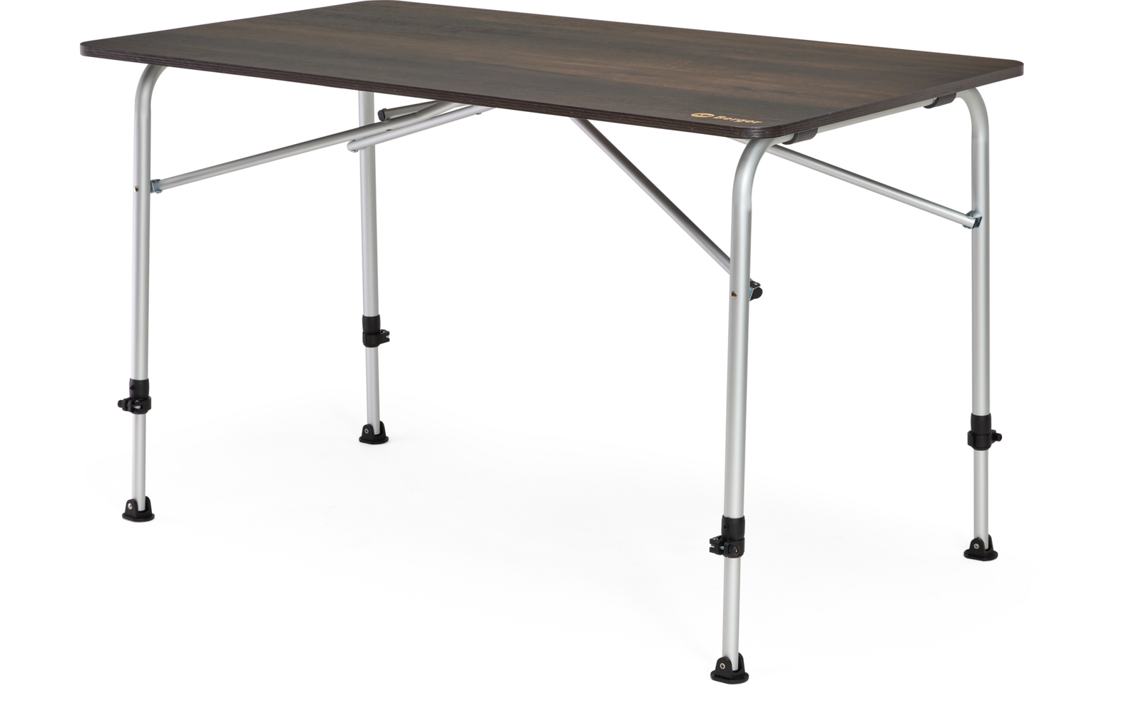 Table rectangulaire avec plateau en bois foncé, pieds métalliques argentés, traverses et embouts en caoutchouc noirs