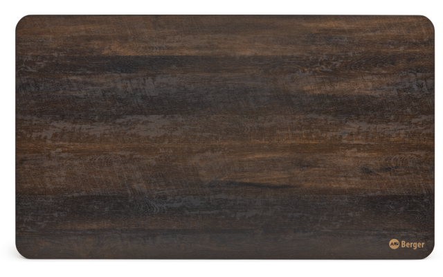 Plaque en bois foncé rectangulaire aux coins arrondis, veinage du bois visible et petit logo 'Berger' en bas à droite