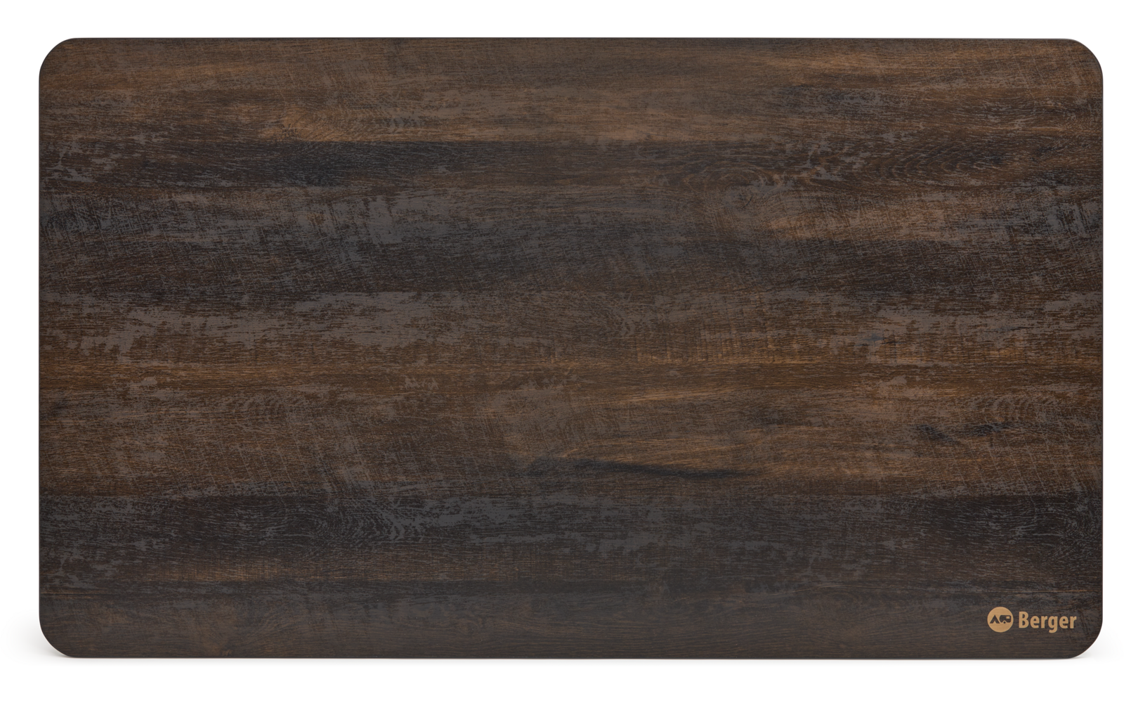 Plaque en bois foncé rectangulaire aux coins arrondis, veinage du bois visible et petit logo 'Berger' en bas à droite