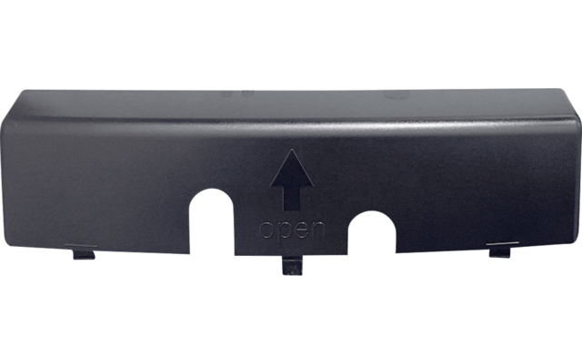 Schwarzes rechteckiges Teil mit glatter Oberfläche, geprägtem Pfeil nach oben, dem Wort 'open' und zwei halbkreisförmigen Aussparungen an der Unterkante