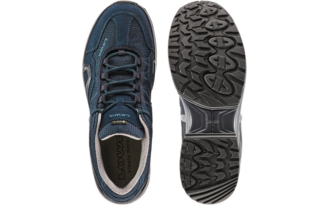 Dunkelblauer Sneaker von oben links und die Sohle rechts