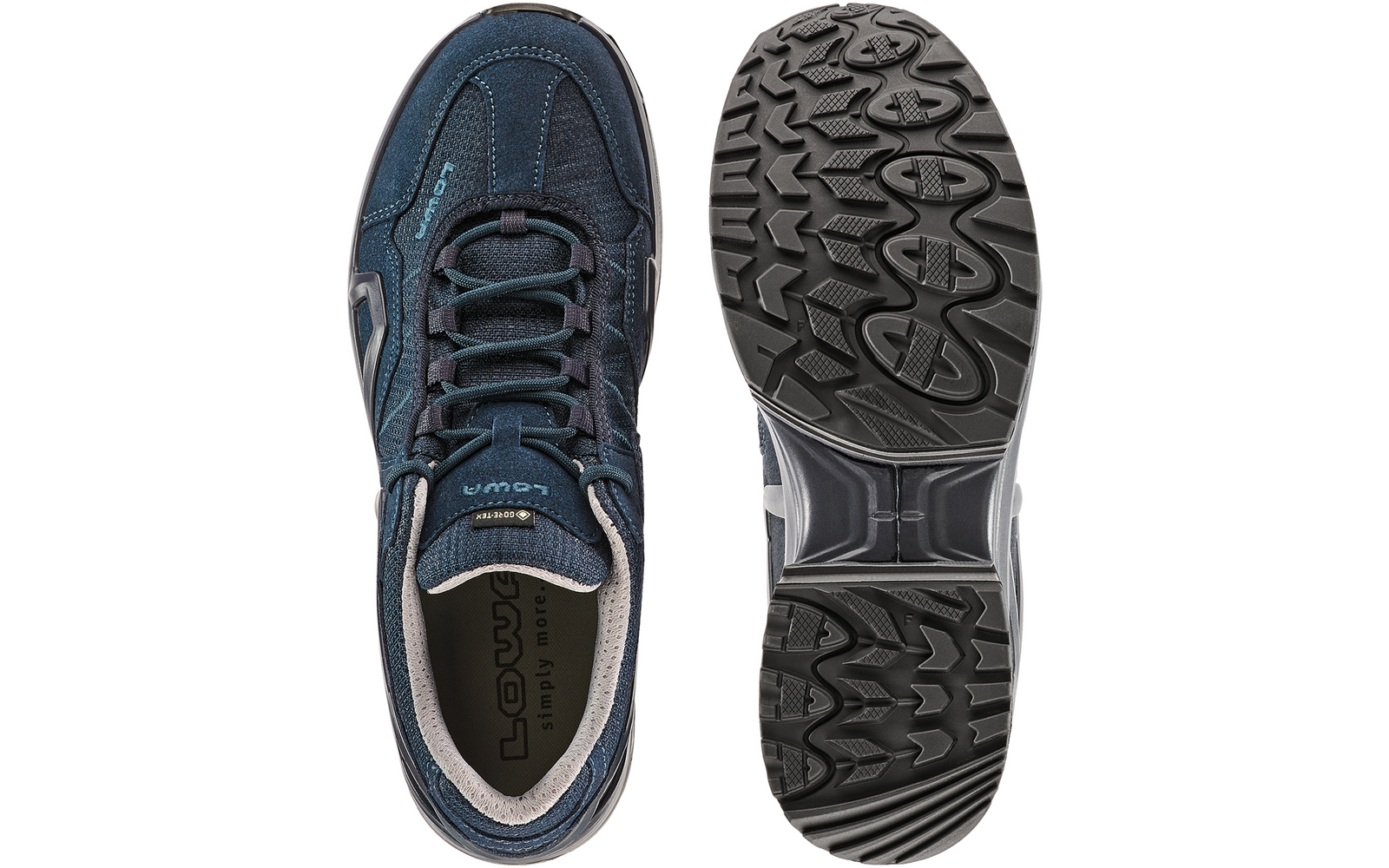 Dunkelblauer Sneaker von oben links und die Sohle rechts