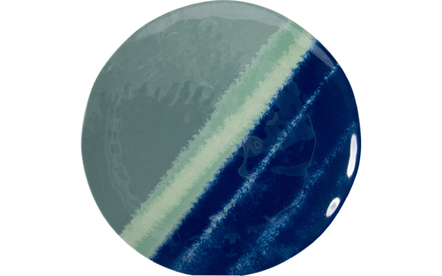 Assiette ronde en verre avec dégradés bleu-vert et accents blancs