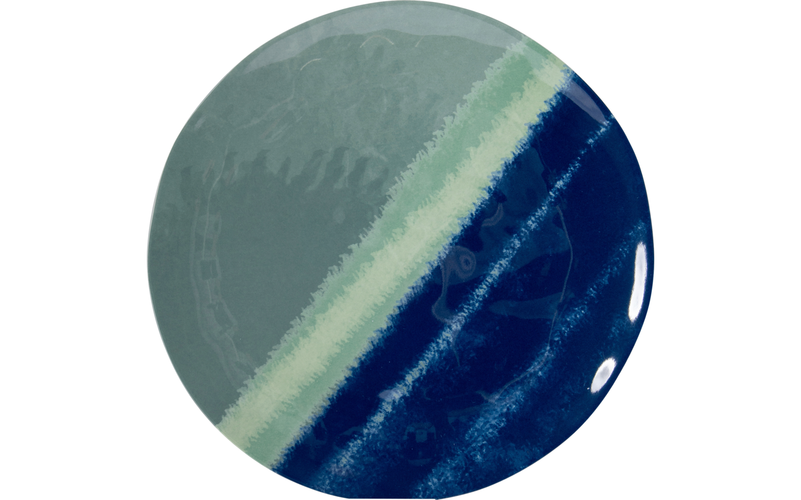 Assiette ronde en verre avec dégradés bleu-vert et accents blancs