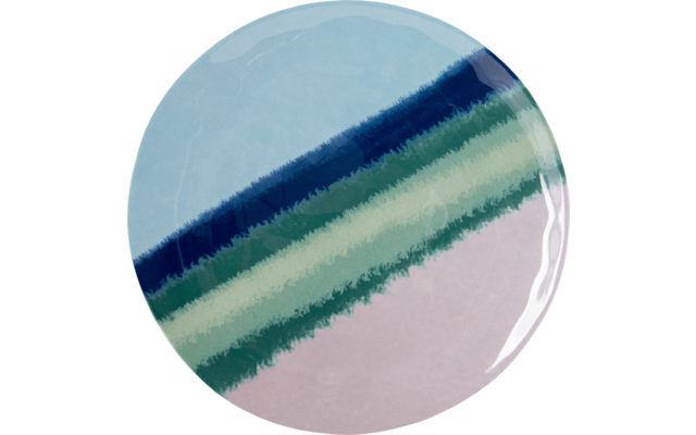 Assiette en céramique ronde avec des rayures bleues, vertes et roses