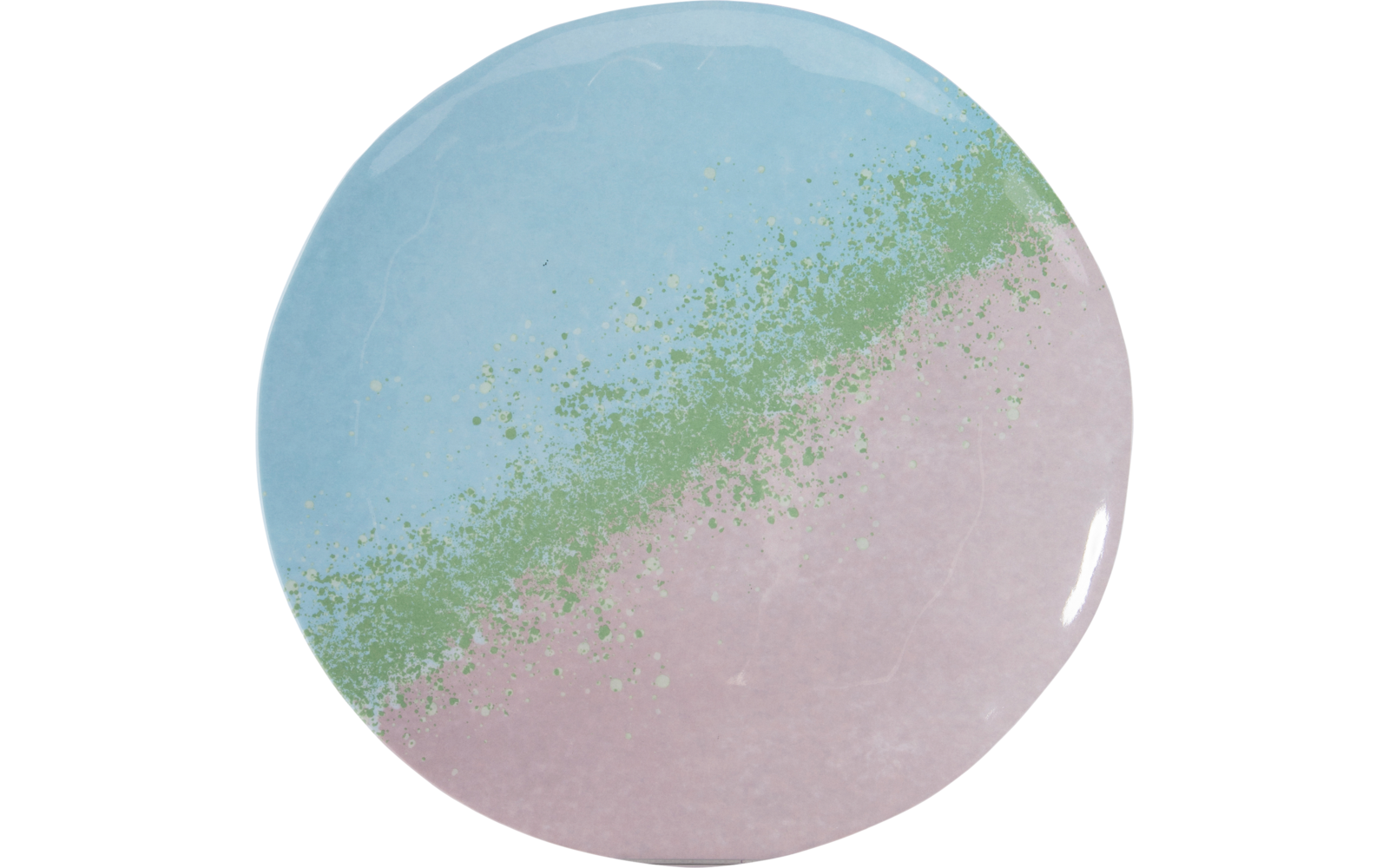 Assiette ronde avec des zones de couleur bleue, verte et rose