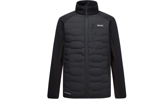 Schwarze Steppjacke mit Reißverschluss, Stehkragen, Brusttasche mit Reißverschluss, zwei Seitentaschen, weißes Logo auf linker Brust