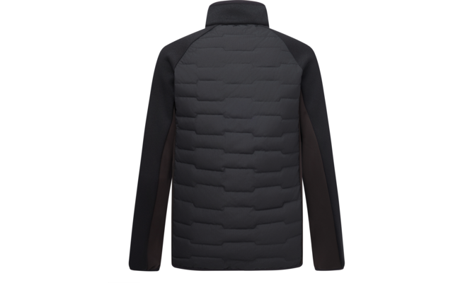 Rückenansicht einer dunklen Jacke mit gepolstertem, horizontal gestepptem Rückenteil, glatten Ärmeln und Stehkragen