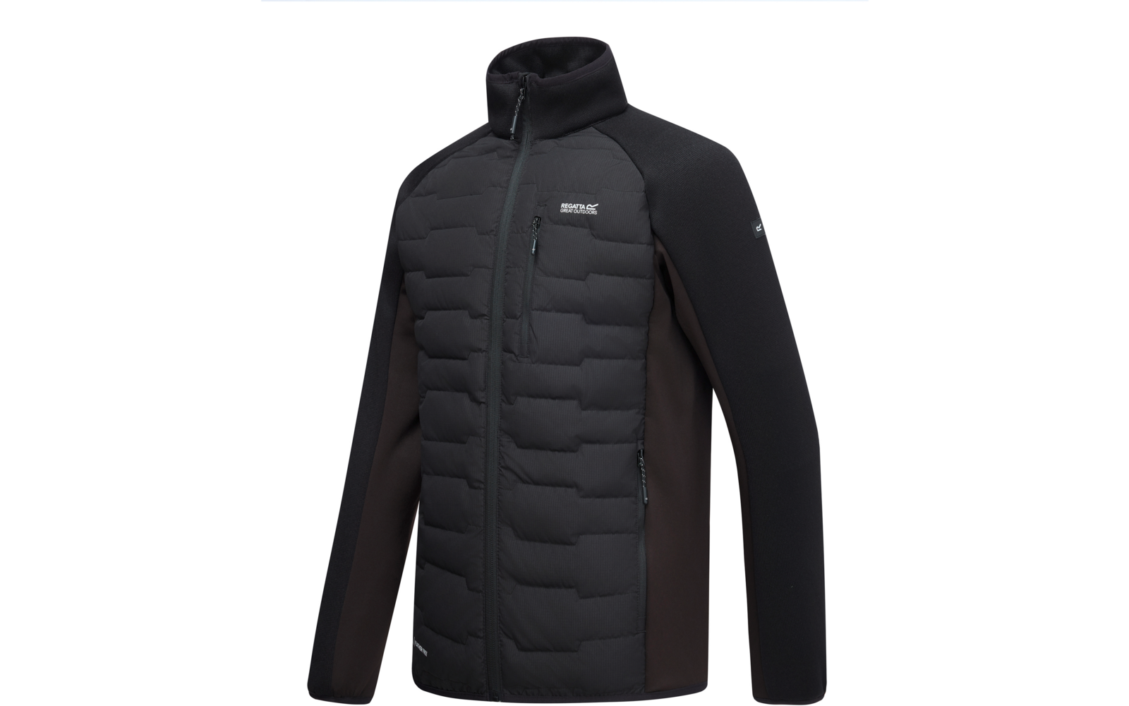 Schwarze gesteppte Jacke mit hohem Kragen, Front-Reißverschluss, Brusttasche und langen Ärmeln