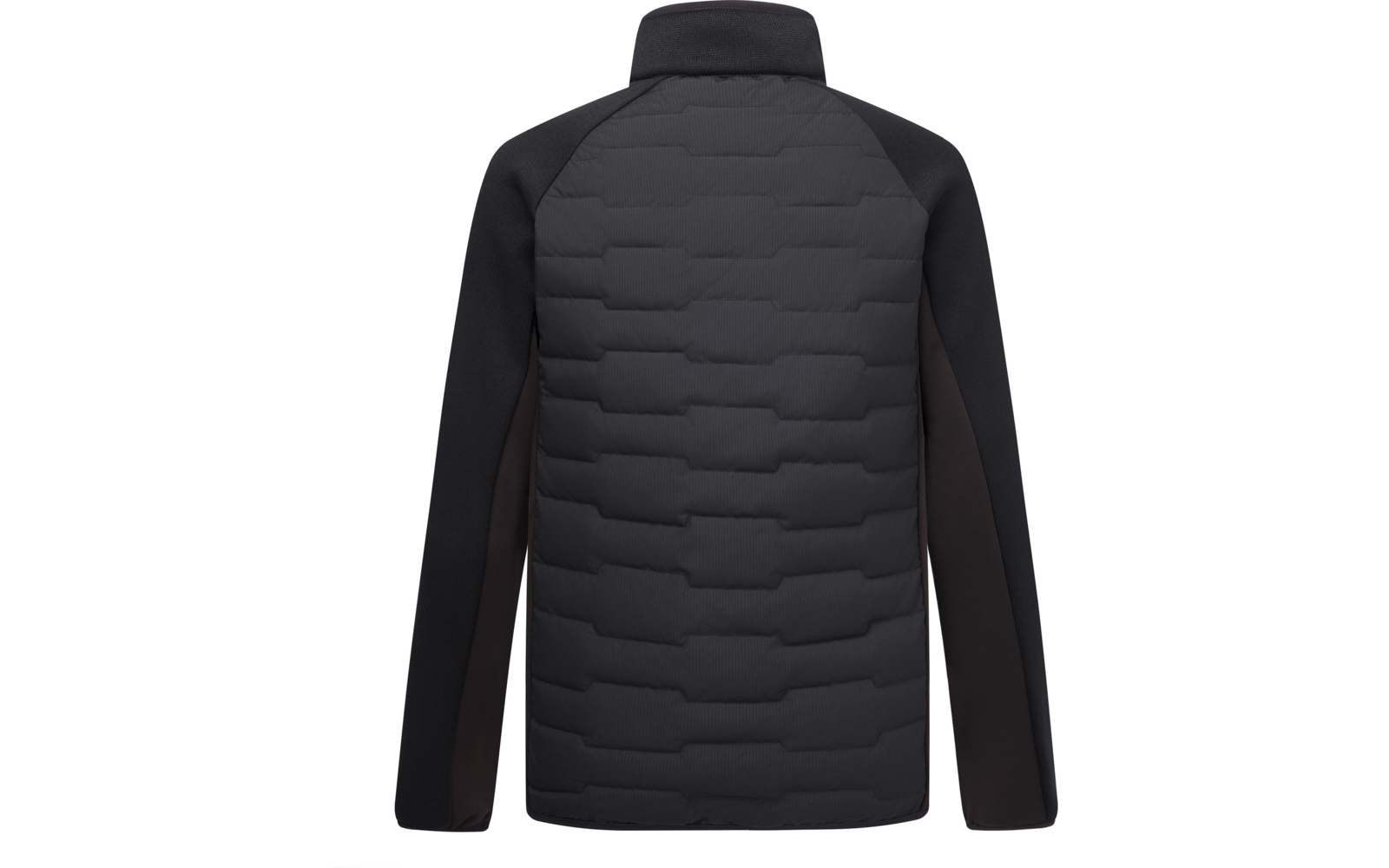 Rückenansicht einer dunklen Jacke mit gepolstertem, horizontal gestepptem Rückenteil, glatten Ärmeln und Stehkragen
