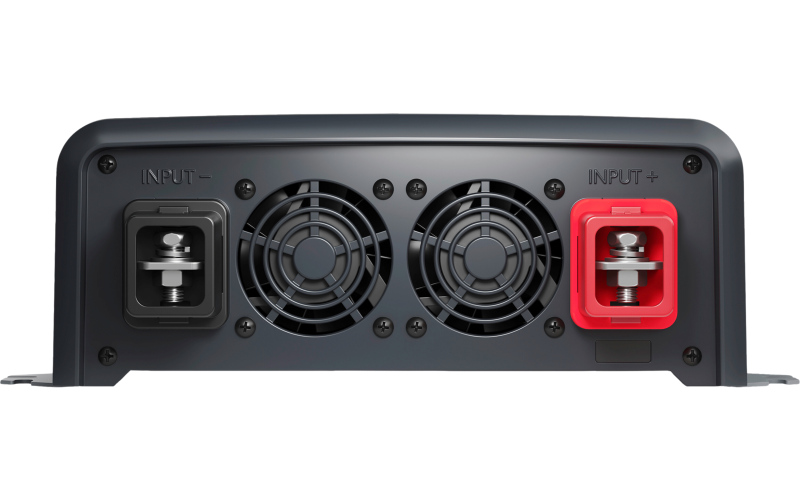 Dunkelgraue Geräteschale mit zwei mittigen Lüftern, links hellgrauer Anschluss mit Metallkontakt, rechts roter Anschluss mit Metallkontakt, mehrere Belüftungsöffnungen