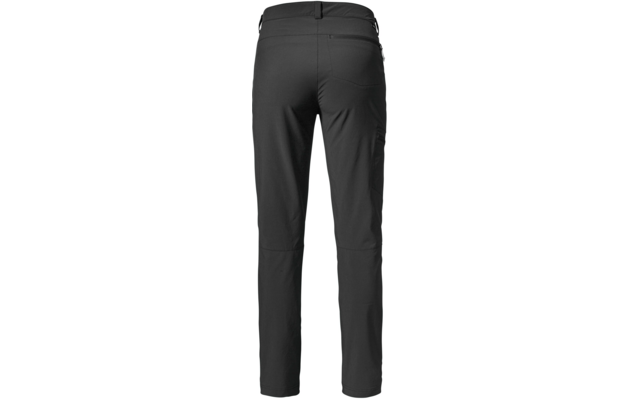 Hinteransicht einer schwarzen, enkellangen Hose mit Bund, Gürtelschlaufen, zwei Gesäßtaschen und sichtbaren Nähten