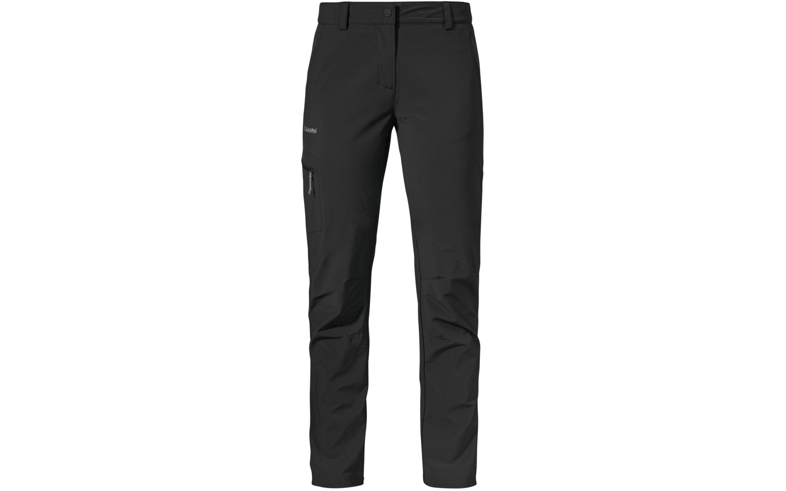 Schwarze lange Hose, Frontalansicht, Bund mit Knopf und Reißverschluss, Reißverschlusstasche am rechten Oberschenkel, Nähte an den Knien, Logo am linken Oberschenkel