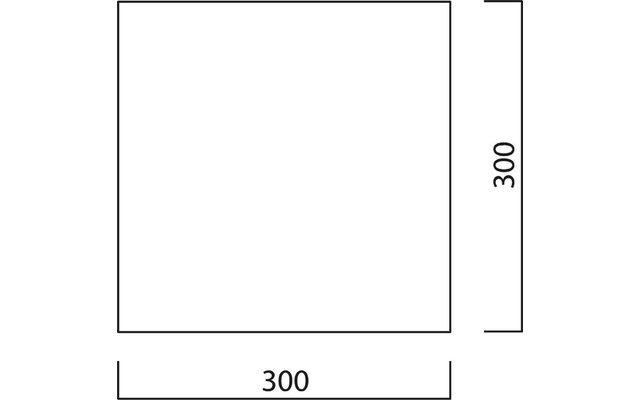 Quadrat mit schwarzem Rand auf weißem Hintergrund; horizontale Maßlinie unten mit der Zahl '300'; vertikale Maßlinie rechts mit der Zahl '300'
