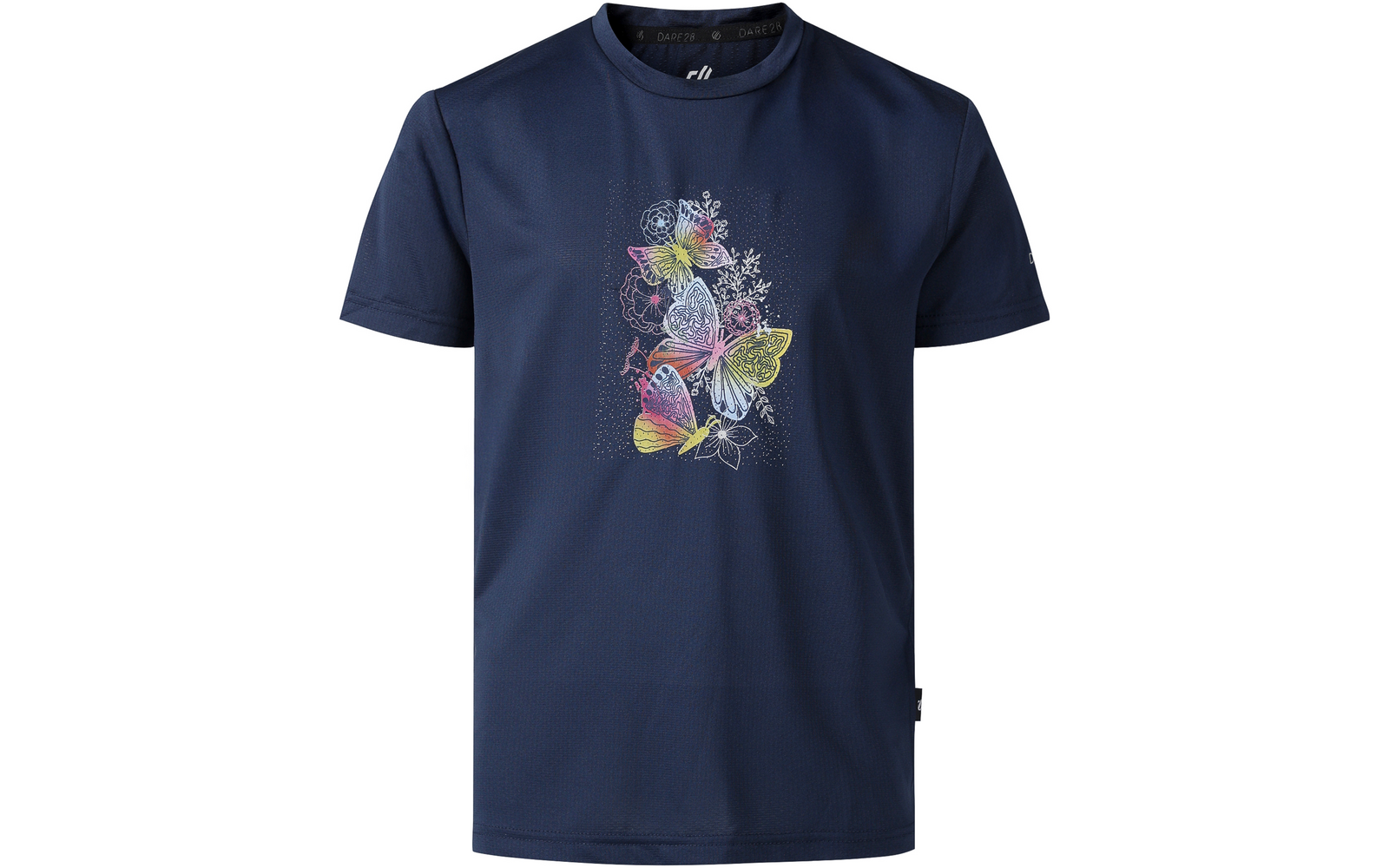 Dunkelblaues Kurzarmshirt mit buntem Schmetterlings- und Blumenmotiv in der Mitte