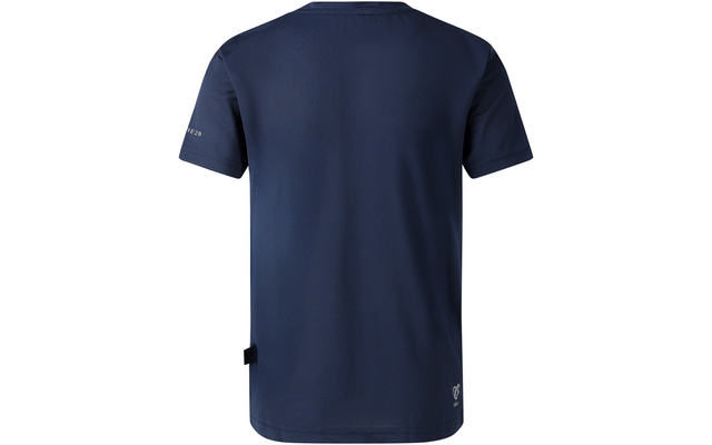 Dunkelblaues T-Shirt, Rückansicht, kurze Ärmel, Rundhalsausschnitt, unten rechts auf dem Rücken kleines weißes Logo, auf dem linken Ärmel kleine weiße Schrift