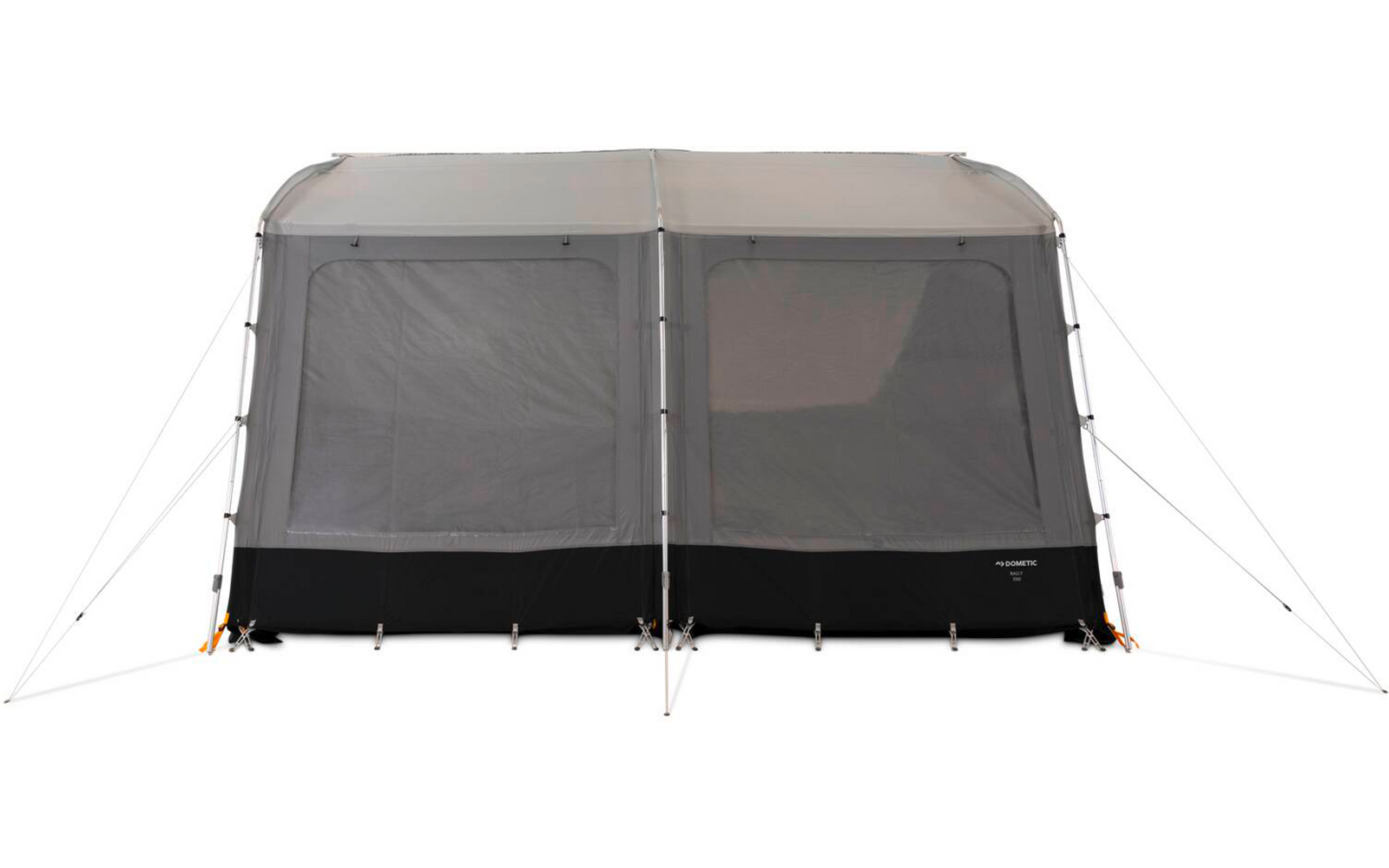 Vorderansicht eines hellgrauen Zelts mit zwei großen Netzfenstern, schwarzem Bodenteil, zentralem Reißverschluss und sichtbaren Abspannleinen