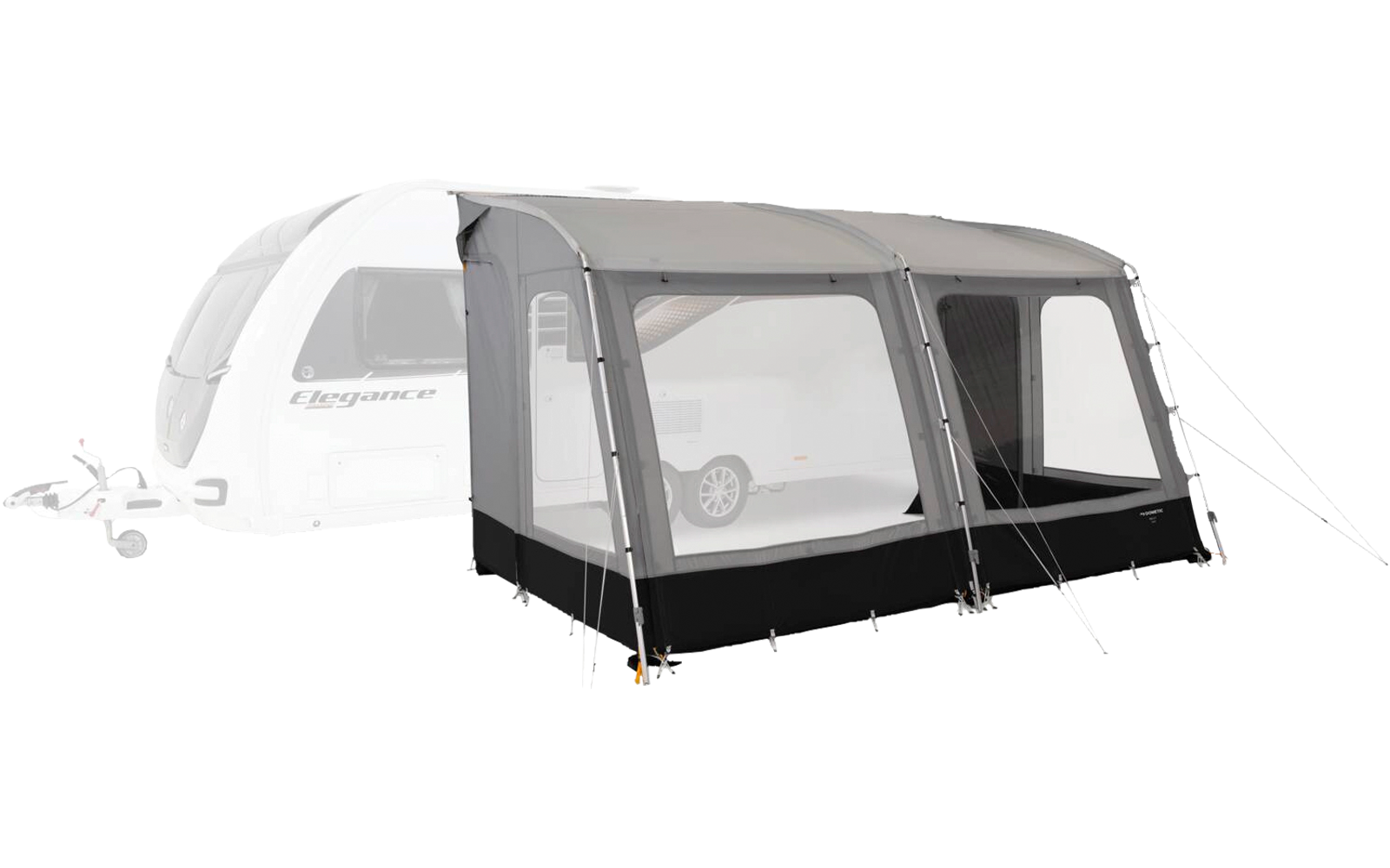 Gray caravan awning with large transparent windows, black lower skirt, guy ropes and ground anchors, attached to a white caravan