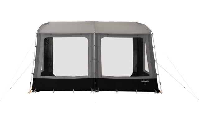 Rectangular grey tent with two large rectangular windows, black lower panel, guy lines and ground pegs
