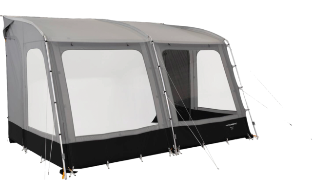 Large grey tent with three large transparent windows, black lower skirt, support poles and multiple guy lines on a white background