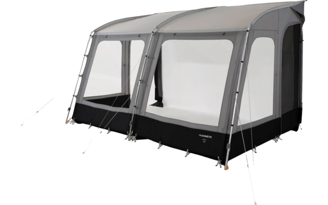 Gray inflatable awning with two large window panels, black base trim, guy lines and stakes