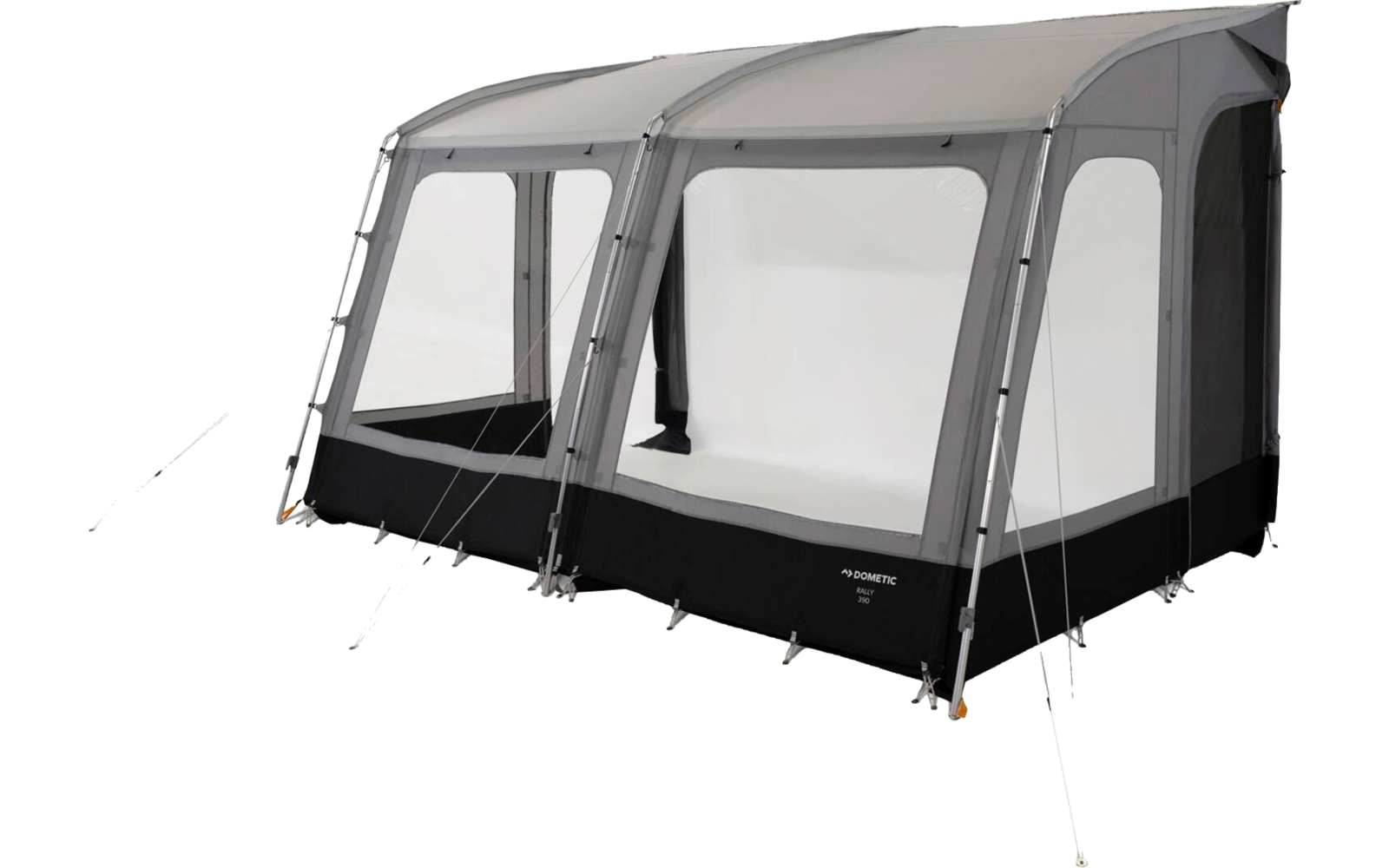 Gray inflatable awning with two large window panels, black base trim, guy lines and stakes