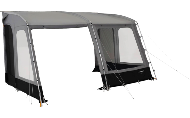 Grey awning with two large rectangular front openings, side windows, black groundsheet, curved inflatable beams and guy lines
