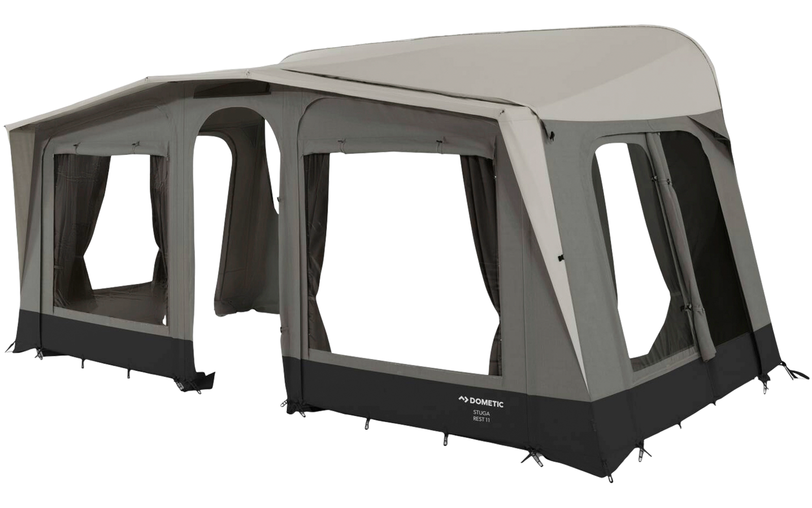 Großes graues aufblasbares Vorzelt mit mehreren Fenstern, Netz- und Stoffeinsätzen, schwarzem Sockel und offenem Durchgang